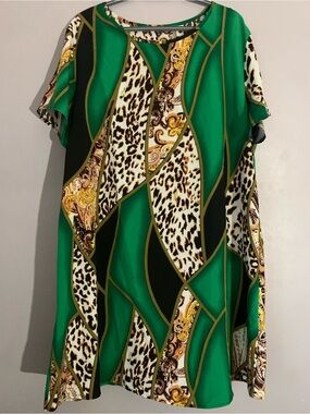 Women’s Green Leopard Paisley Tunic Mini Dress Size 2XL